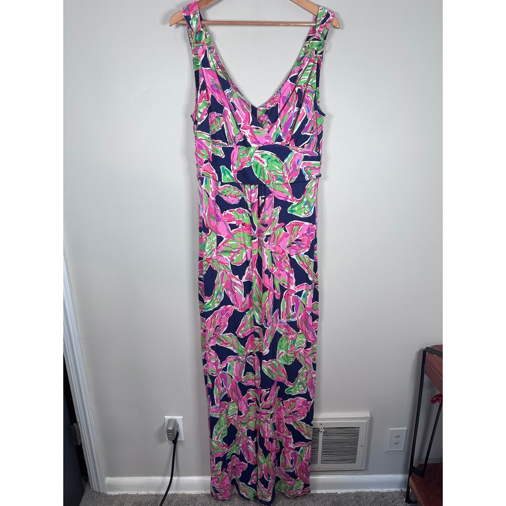 Lilly Pulitzer Villa Maxi Dress Women XL Pink Blue Tropical Preppy Resortwear